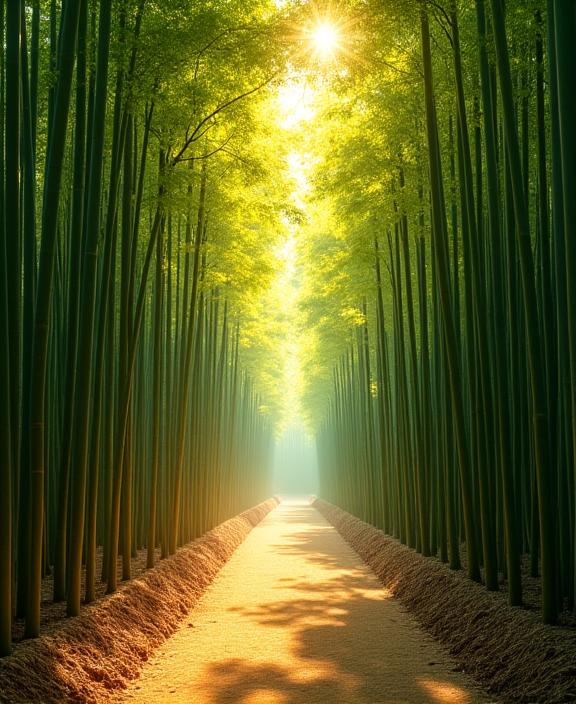  sunlight filtering through a calm bamboo forest path.